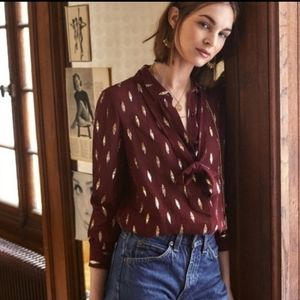 Sezane Lady Shirt Bordeaux Silk Burgundy Tie Neck
